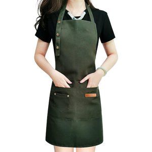 Loygli Women Cotton Green Adjustable Strap Large Pocket Waterproof Chef Apron